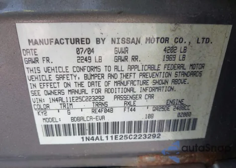 2005 Nissan Altima 2.5 S from USA, damaged, VIN 1N4AL11E25C223292